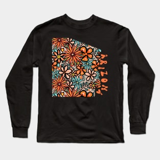 Arizona State Design | Artist Designed Illustration Featuring Arizona State Outline Filled With Retro Flowers with Retro Hand-Lettering Long Sleeve T-Shirt